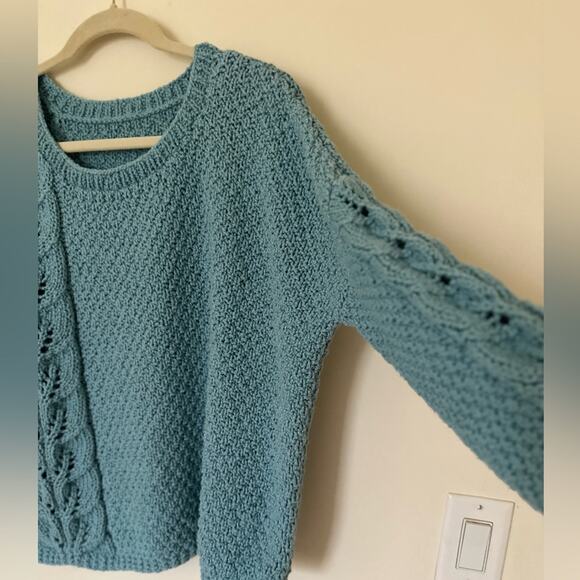 Cotton Hand Made Crew Neck Long Sleeves Teal Cable Knit Sweater size Medium - Picture 5 of 9
